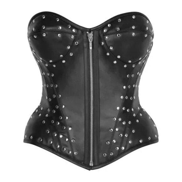 Faux Leather w/Rivets Steel Boned Underwire Bustier Corset Top